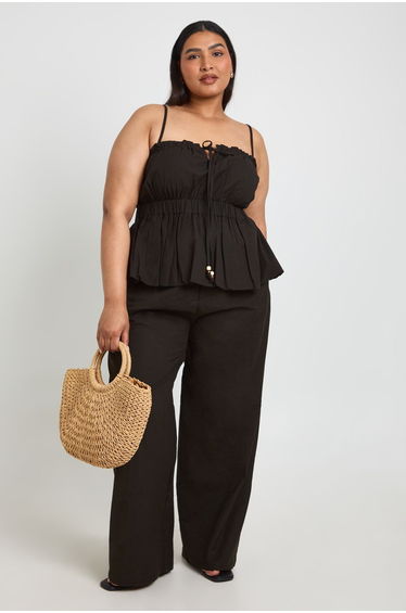 Plus Beaded Detail Tie Wide Leg Trouser - black