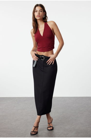 Burgundy Halter Neck Stretchy Knitted Blouse