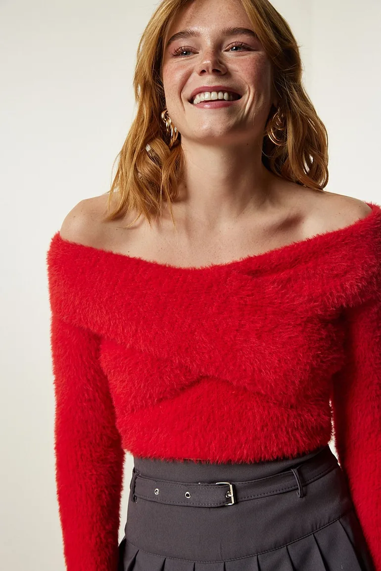 Pomegranate Blossom Cross Neck Bearded Crop Knitwear Sweater - 3