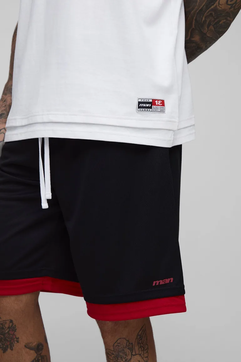 Tall Oversized Official Faux Layer Hem T-Shirt & Airtex Basketball Short Set - white - 2