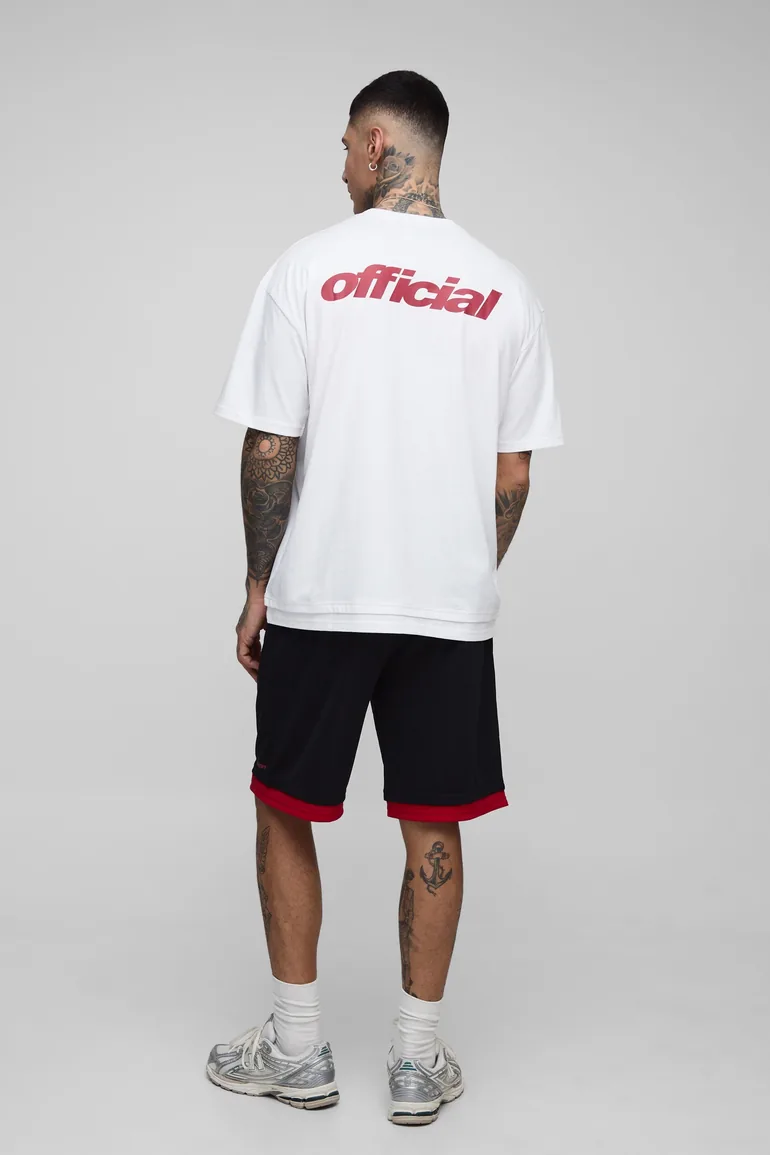 Tall Oversized Official Faux Layer Hem T-Shirt & Airtex Basketball Short Set - white - 1