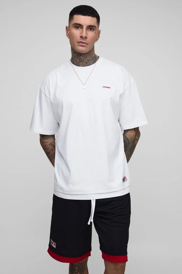 Tall Oversized Official Faux Layer Hem T-Shirt & Airtex Basketball Short Set - white