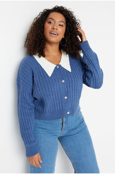 Indigo Ribbed Collar Detailed Buttoned Knitwear Cardigan