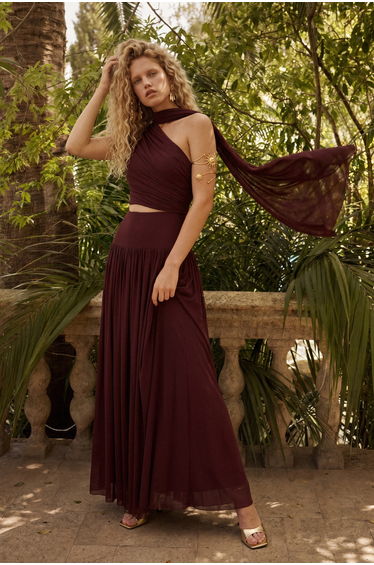 Brown Asymmetric Neckline Sleeveless Tulle Party Skirt-Blouse Set