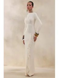 فستان ماكسي مزموم بياقة عالية بفتحة طويلة أمامية - كريمي - 4