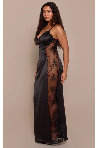 Shape Black Satin Maxi Dress With Lace Pannel