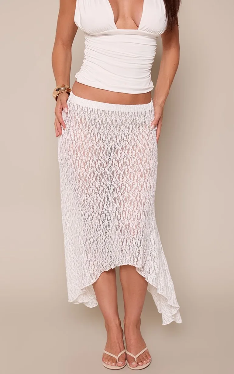 White Textured Lace Midaxi Skirt - 1