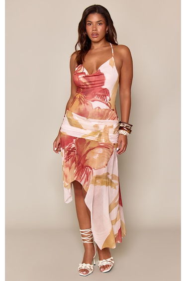 Shape Orange Floral Onion Skin Cowl Neck Frill Hem Midi Dress