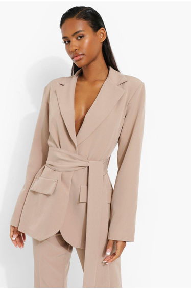 Obi Tie Waist Tailored Blazer - camel
