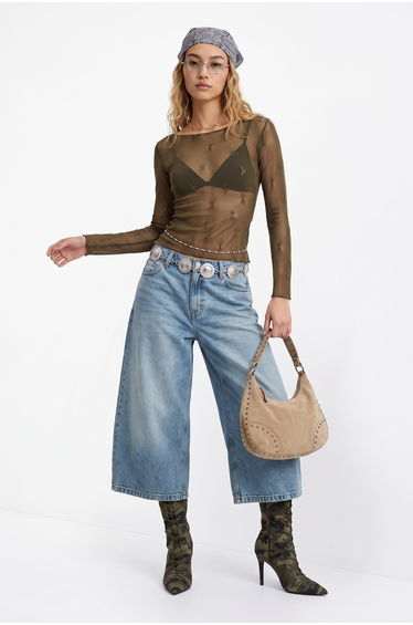 Khaki Transparent Long Sleeve Textured Knitted Blouse