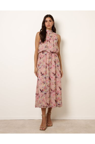 Wartercolour Printed Sleeveless Midi Dress
