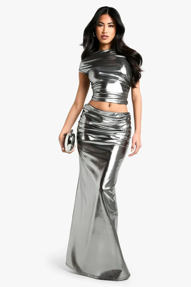 shimmer ruched side Floor Length skirt - black