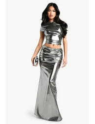 shimmer ruched side Floor Length skirt - black