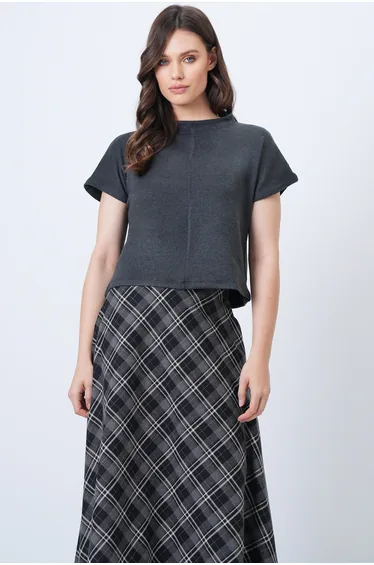 Women's Anthracite Mock Neck Half Sleeve Knitwear Blouse