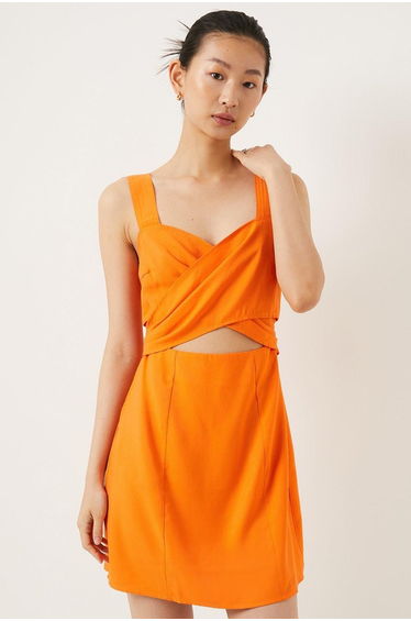Linen Look Wrap Over Mini Dress