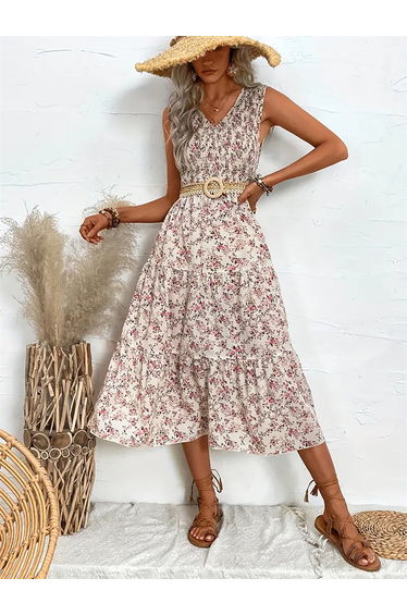 Floral Print V-Neck Sleeveless Midi Dress