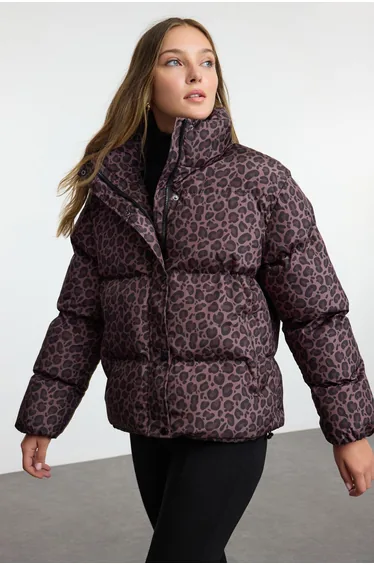 Multicolored Regular Fit Leopard Patterned Puffer Jacket