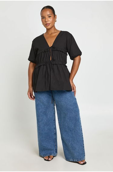 Plus Ruched Tie Front Detail Short Sleeve Smock Top - black