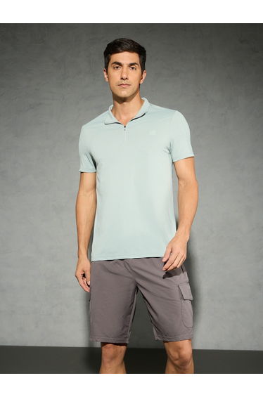 Solid 4-Way Stretch Half Zip Front Slim Fit Polo T-Shirt