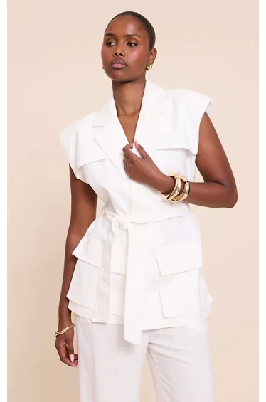 Cream Utility Style Linen Look Tie Waist Waistcoat