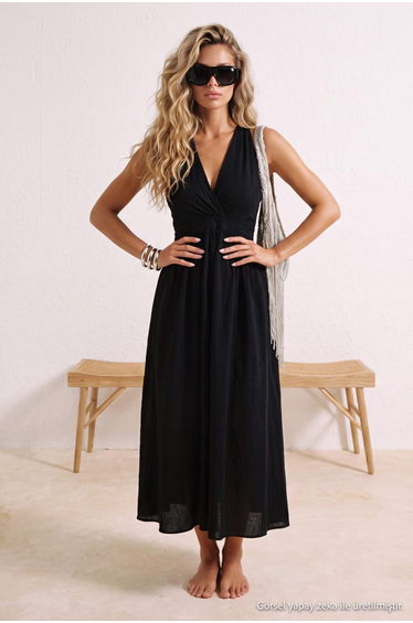 Black Midi Woven Backless Flamed Cotton Beach Dress