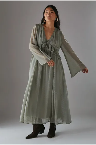 Petite Dobby Chiffon Plunge Neck Ruffle Midi Smock Dress