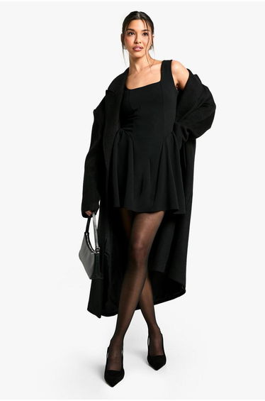 Square Neck Full Skirt Mini Dress - black