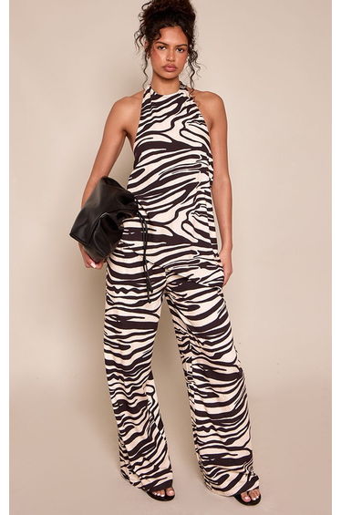 Brown Abstract Print Linen Longline Halterneck Top Co-ord