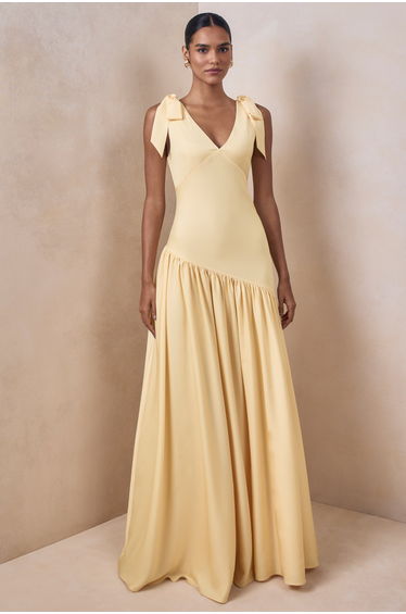 Cala | Lemon Satin Plunge-Neck Maxi Dress With Bow-Sleeves