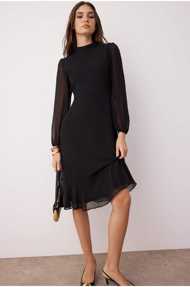 Black High Neck A-Line/ Bell Form Midi Woven Chiffon Dress