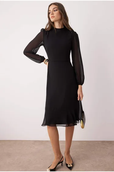 Black A-Line Midi Dress with Long Sleeves