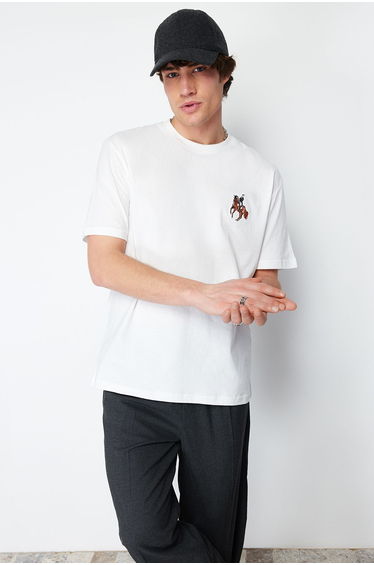 Ecru Men's Relaxed/Comfortable Cut Horse/Animal Embroidered Short Sleeve 100% Cotton T-Shirt