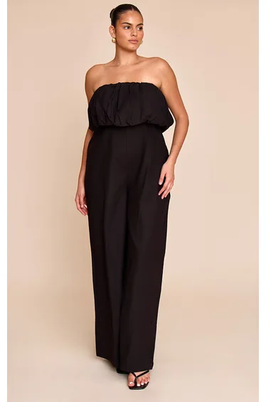 جمبسوت بأرجل مستقيمة بأكتاف مكشوفة منفوخ لون أسود - للمقاسات الكبيرة