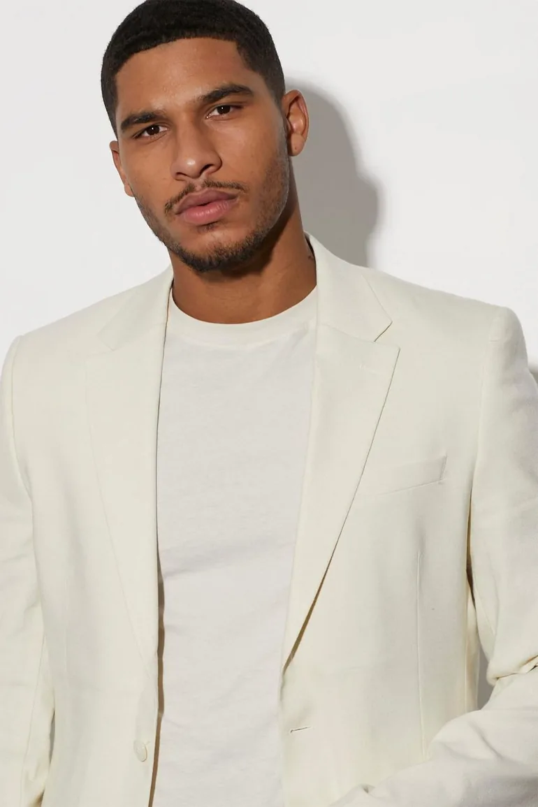 Tall Single Breasted Slim Linen Suit Jacket - ecru - 2