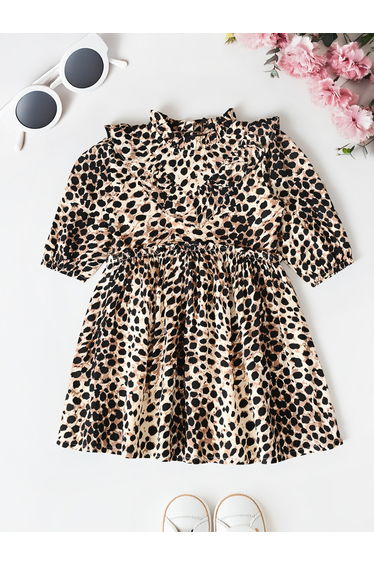 Leopard Print Ruffled Detail Knee-Length Dress