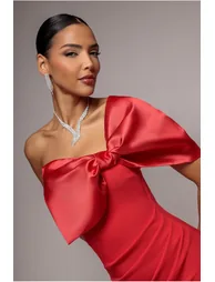 Off The Shoulder Satin Bow Neck Maxi Dress - Red by Goddiva - 2