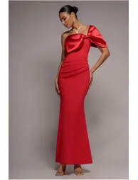 Off The Shoulder Satin Bow Neck Maxi Dress - Red by Goddiva - 4