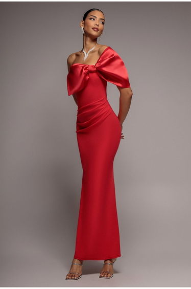 Off The Shoulder Satin Bow Neck Maxi Dress - Red by Goddiva