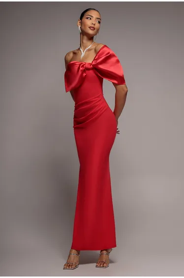 Off The Shoulder Satin Bow Neck Maxi Dress - Red by Goddiva