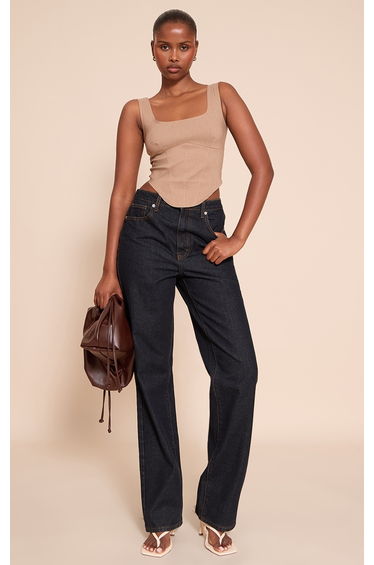 Mushroom Marl Stretch Woven Square Neck Corset Top