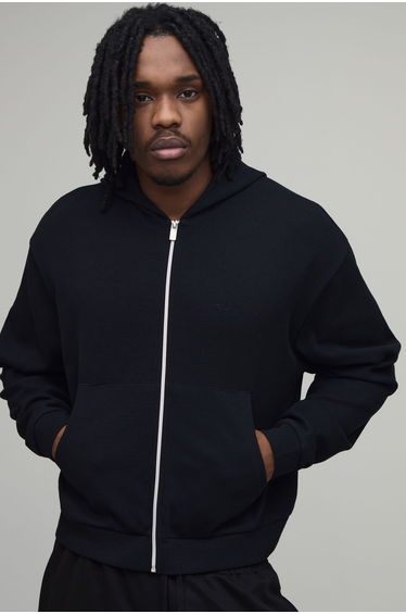 Tall Oversized Shrunken Waffle Zip Through Hoodie - black