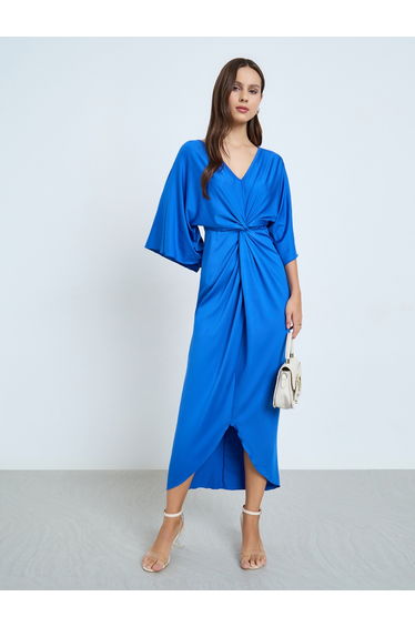 Blue Pleated Detail Midi Dress