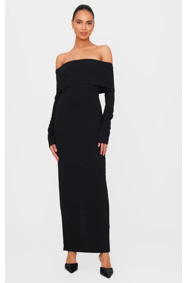 Black Crepe Long Sleeve Bardot Maxi Dress