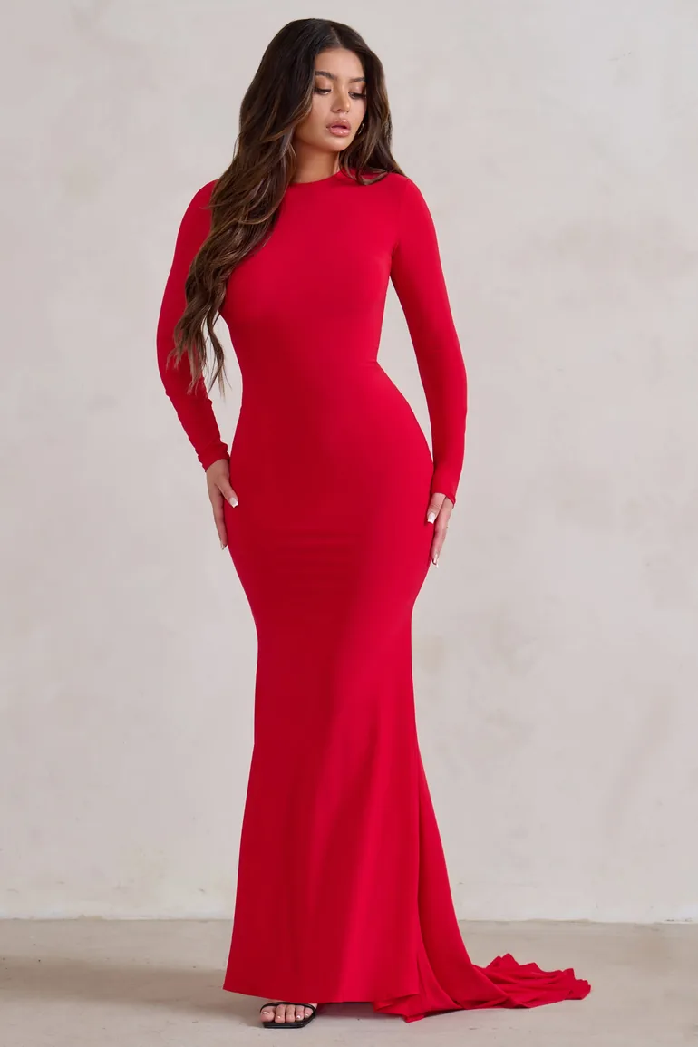 One Step Ahead | Red Long Sleeve Backless Fishtail Maxi Dress Club L London  Red : Evening Dresses : VogaCloset Qatar