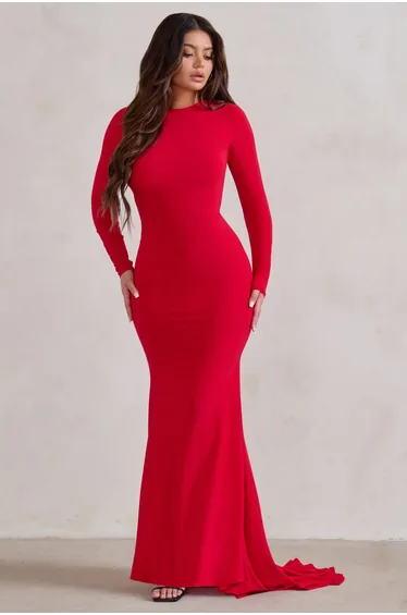One Step Ahead | Red Long Sleeve Backless Fishtail Maxi Dress