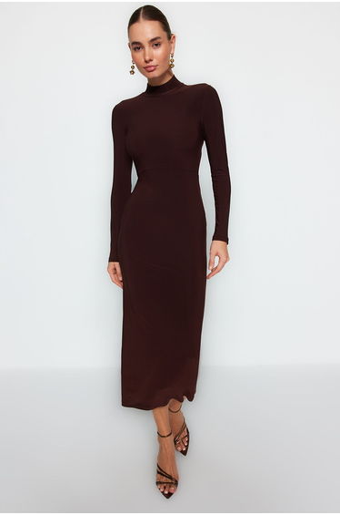 Brown Stand-Up Collar Fitted/Slippery Knitted Maxi Dress .