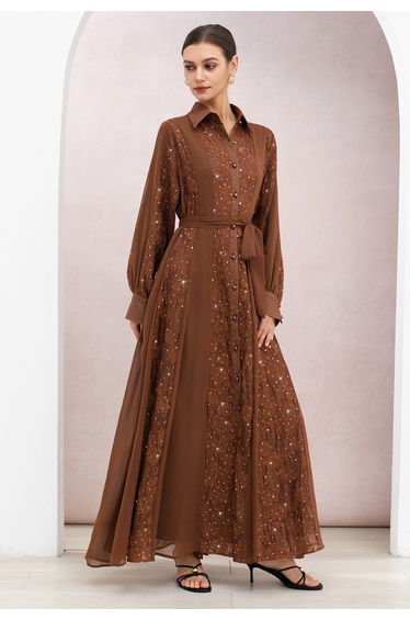 Sequin Floral Embroidery Chiffon Panel Buttoned Maxi Dress in Brown for Weddings & Evening Events