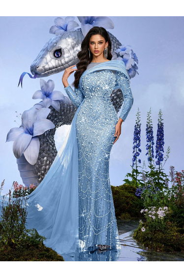 QOQ Blue Sequin & Glitter Chiffon Mermaid Dress