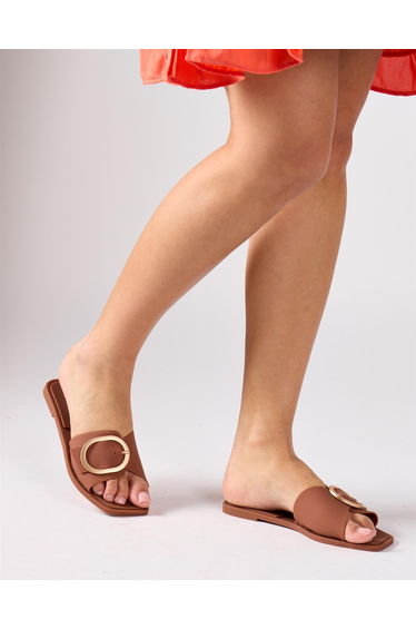 Gold Buckle Square Toe Sandals - Brown