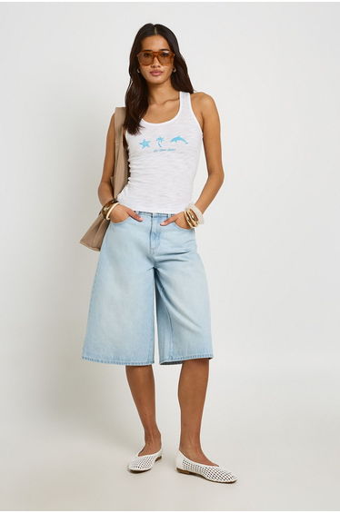 Slub Printed Scoop Neck Vest - white